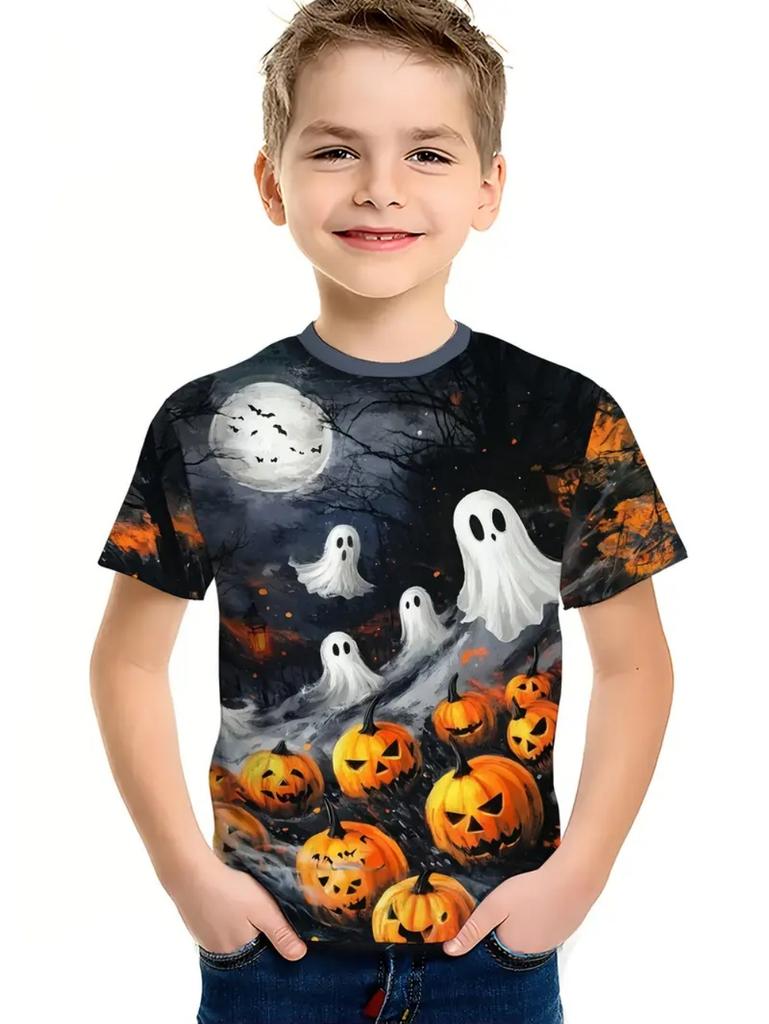 Halloween Boy's T-Shirt Pumpkin Pattern Summer Short Sleeves Skull Fashion Print Kids Tops 2-10y Party Gift Children's Clothing