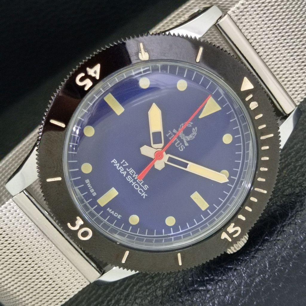 

SWISS MENS VINTAGE TITUS HAND-WINDING TURNABLE BEZEL BLUE DIAL WATCH a700030-5 R201-a700030