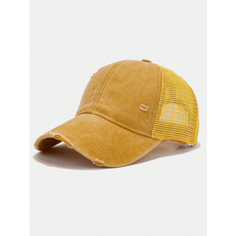 1pc Solid Distressed Perforated Mesh Washed Baseball Cap, Breathable Sun Protection Accessory For Spring/Summer