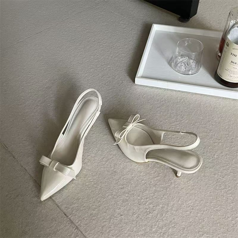 Temperament high heels celebrity fashion empty single shoes women's pointed head bow bag head sandals 2025 spring and autumn new
