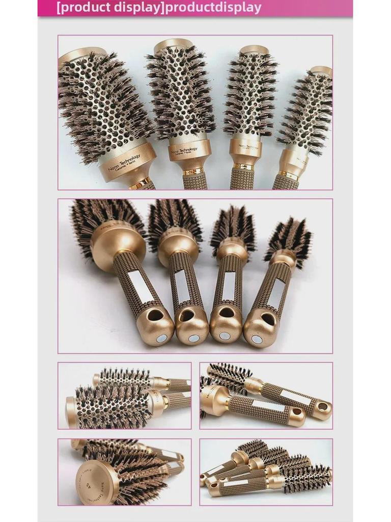 4-Piece Hair Styling Set: Ceramic & Pig Bristle Curler, Thermal Roller Comb, Aluminum Tube Comb.