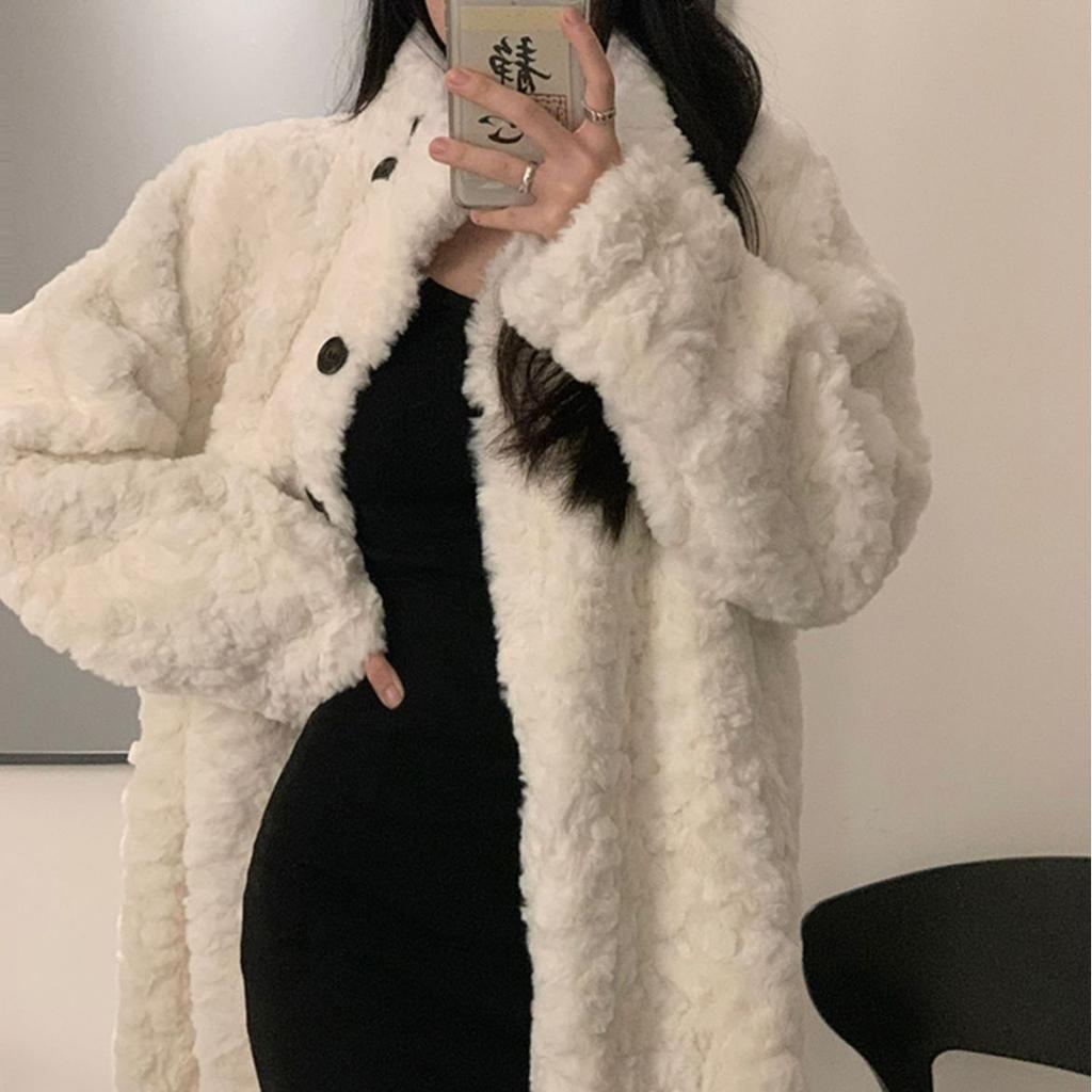 Lamb Wool White Cotton-Padded Coat Women'S Winter Year Thickened Medium And Long Wool Imitation Fur Coat