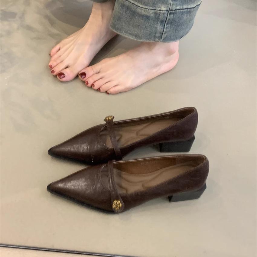 2025 new spring camellia versatile pointed head light mouth high heel commuter shoes French black thick heel Mary Jane shoes