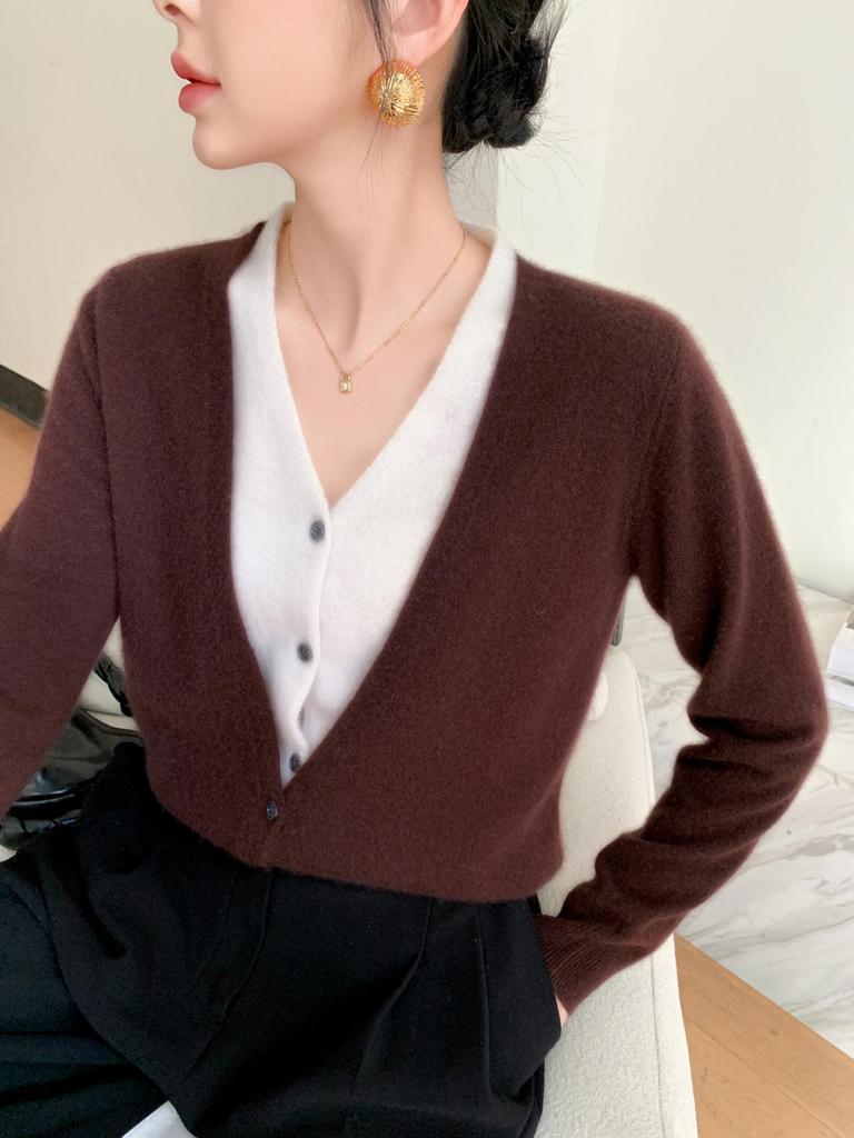2025 V-neck Button-up Cashmere Knit Cardigan - Korean Style, Loose Fit, Slimming, Fake Two-piece Jacket for Women