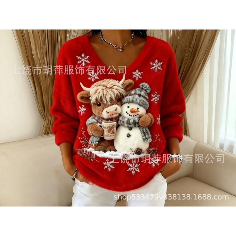 Womens V-Neck Long Sleeve Sweatshirt With 3D Digital Print Christmas Design Fall Winter Casual Hoodie