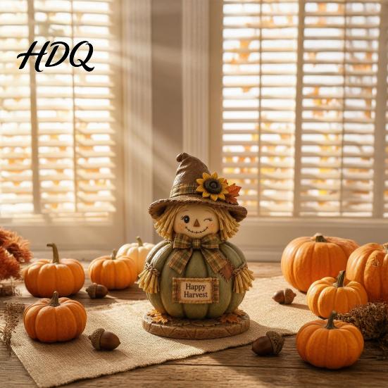Retro Style Harvest Theme Figures Fall Scarecrow Figurine Wooden Pumpkin Statue Rustic Autumn Thanksgiving Decorations Tabletop Decoration for Home