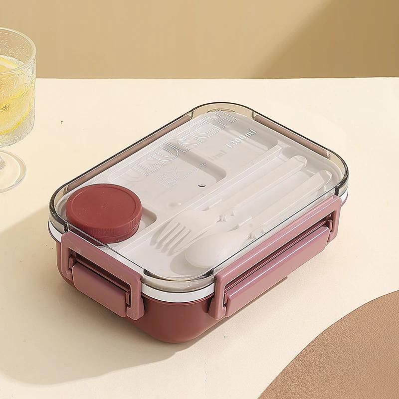 New 1300ml Plastic Lunch Box with Tableware for Adults Students Divided Microwave Oven Bento Box Sealed Leakproof Food Container