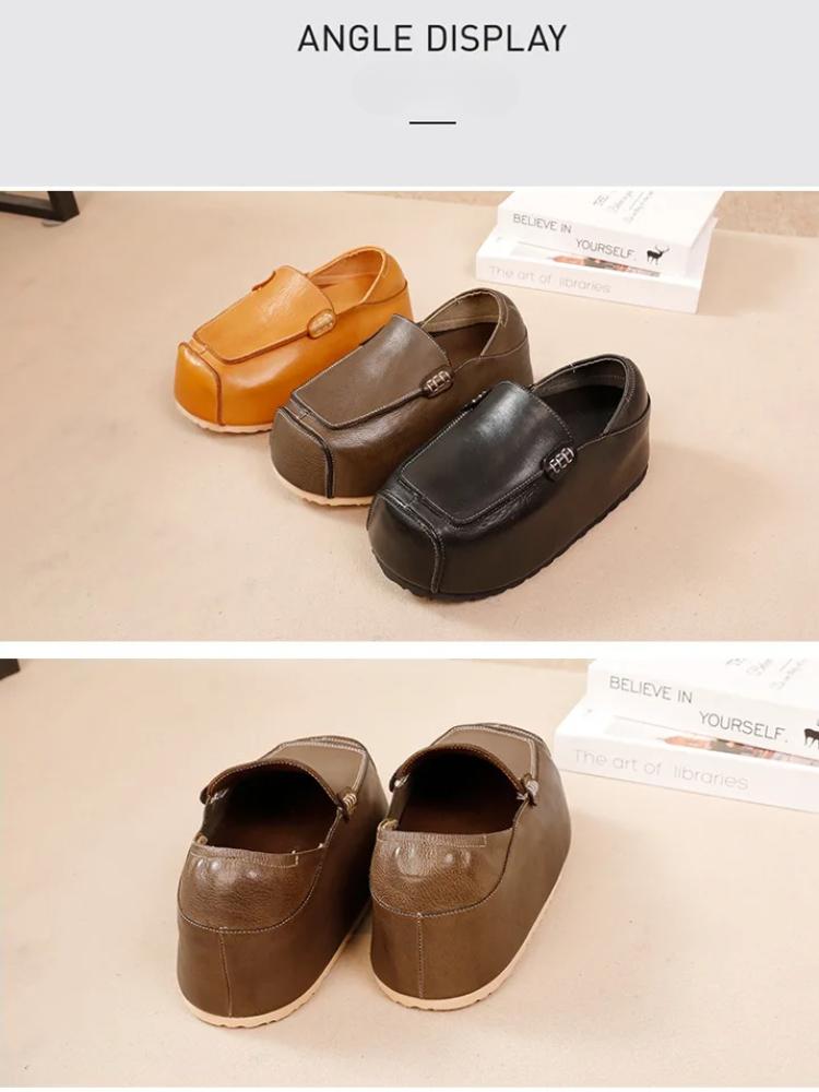 Johnature Genuine Leather Invisible Height Increasing Shoes Retro Handmade Flat Platform Shoes