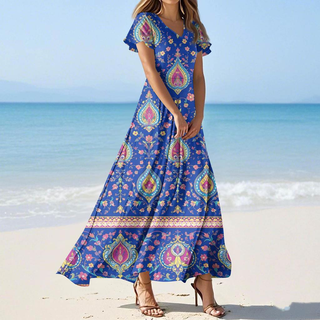 Vestidos casuales de verano para mujer, con estampados de colores y cuello en V y manga corta