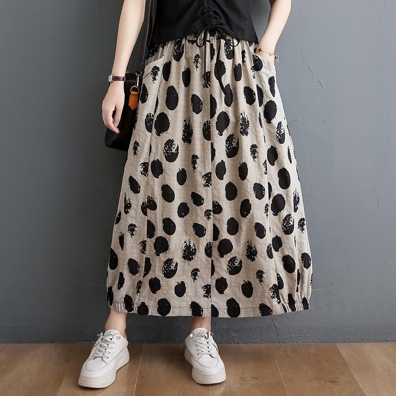 Real Shot Summer New Literary and Retro Loose and Thin Elastic Waist Skirt Women's Medium and Long