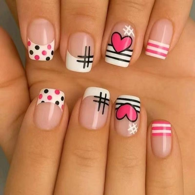 

ABS Material French Style Fake Nail Adorned Heart Polkas Dots Perfect Women Use Short Square 1