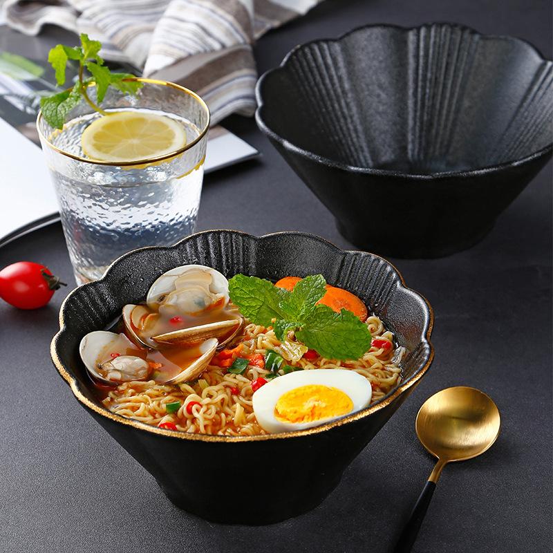 Japanese Matte Hat Bowl Household Rice Bowl Soup Bowl Black Underglaze Color Noodle Bowl Gold Edge Petal Ceramic Bowl