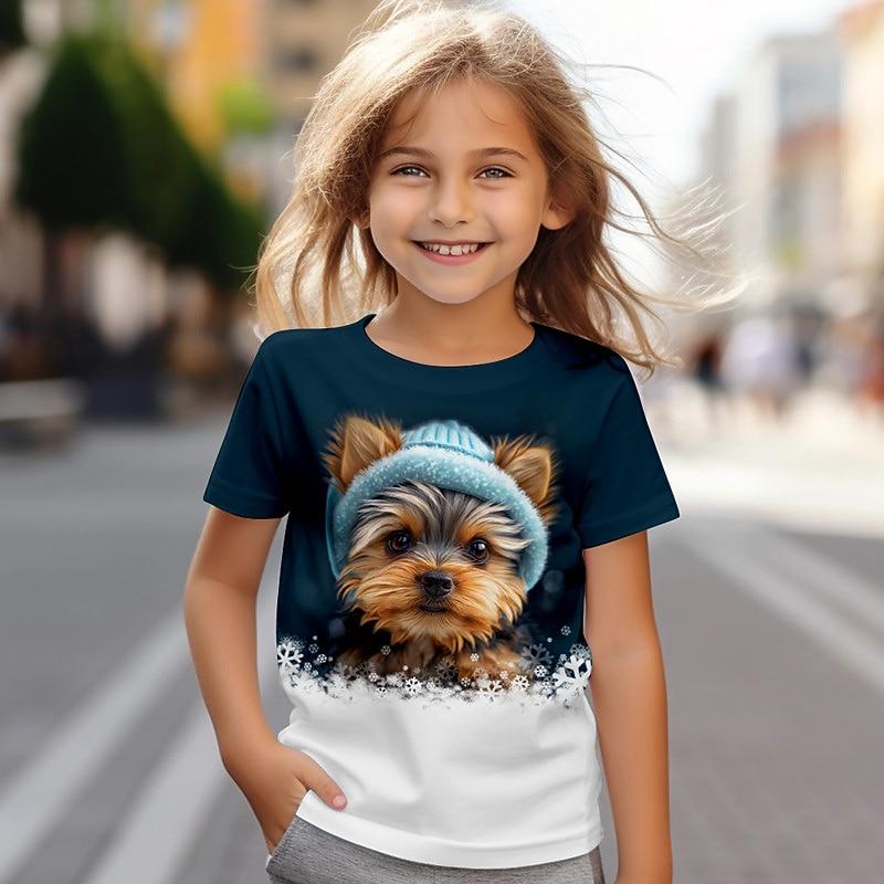 Mädchen 3D Hund T-Shirts Kurzarm 3D Druck Sommer Aktiv Mode Niedlich Kinder 3-12 Jahre Rundhalsausschnitt Outdoor Lässig Täglich Normale Passform