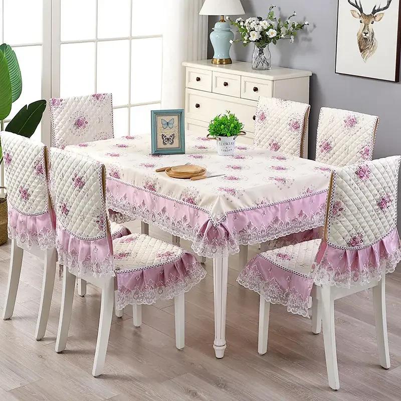 Couverture de chaise à ourlet en dentelle, Style européen, tissu de Table à manger, coussin, nappe imprimée plate, tissu de couverture de tabouret d'art