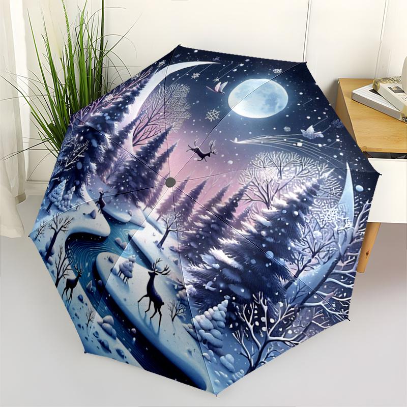 1pc Snow Scene Durable Cartoon Folding Cartoon Practical Umbrella, Portable Compact Umbrella for Men and Women A077