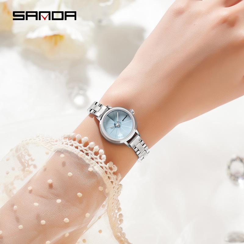 Sanda Women's Waterproof Quartz Wristwatch – Simple Round Dial, Leather & Mesh Strap, Lightweight & Stylish.
