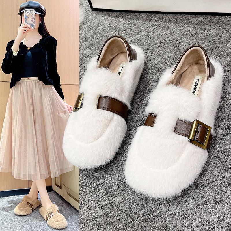 Soft-soled Fluffy Shoes Women's 2025 New Autumn and Winter Korean Version Round Head Velvet Cotton Shoes One Pedal Doudou Shoes Cotton Shoes Women's