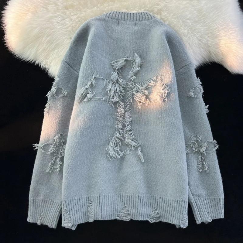 Streetwear Men Retro Fringed Sweater Loose Versatile  Men Women Long Sleeve