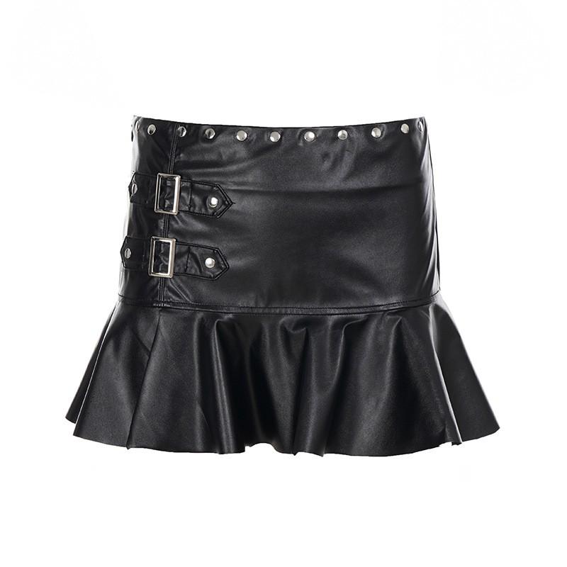 Womens Punk Rivet PU Leather Mini Skirt Sexy Streetwear Bodycon Teens