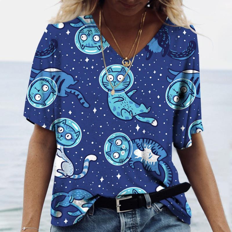T-shirt d'été à manches courtes et col en V pour femme, imprimé chat 3D, décontracté et tendance