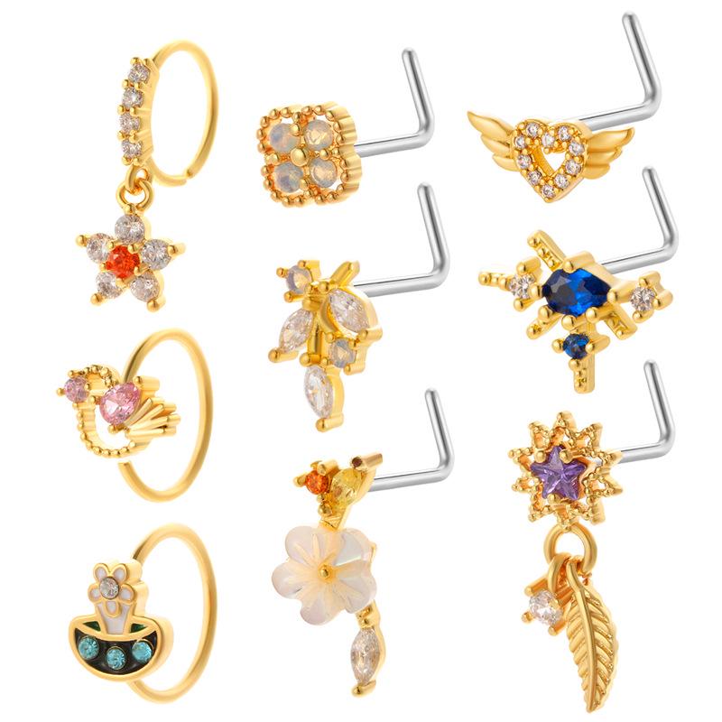 

20G Titanium Steel L-Shaped Leaf & Heart Cubic Zirconia Nose Ring 3# золотой