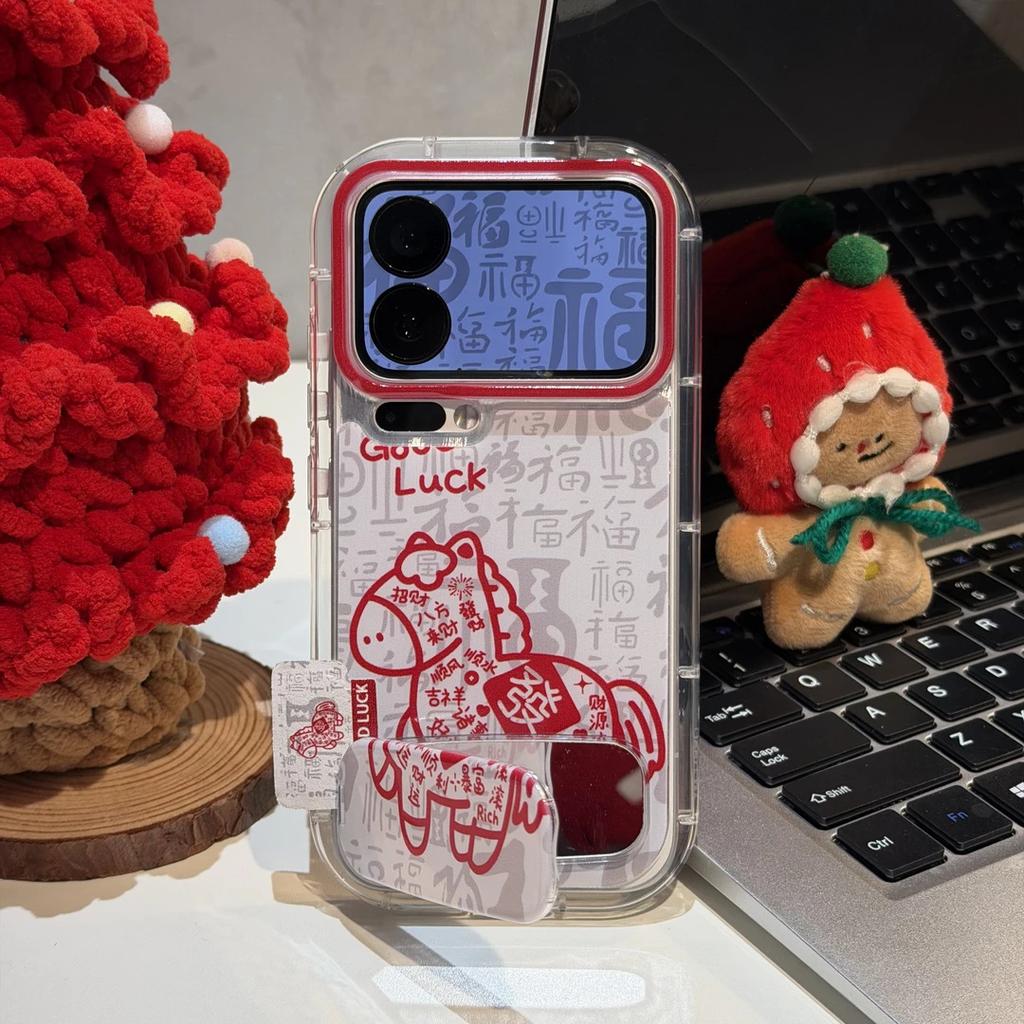 New Year's Baifu Fa Cai pony bracket is suitable for Apple 16/17 mobile phone case iPhone15 puff feather yarn 14/13.