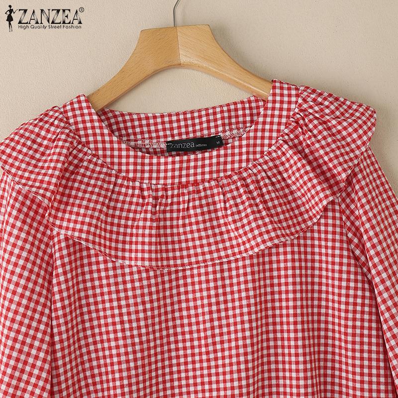 ZANZEA Blusa Casual para Mujer con Volantes, Cuello Redondo, Manga Larga Holgada, Estampado de Cuadros
