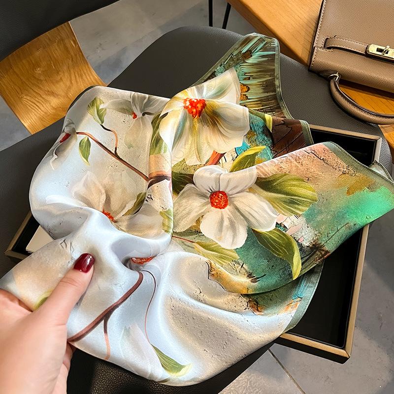 100% Real Silk Satin Women Scarf Flower Printed Foulard Femme Square Scarfs Bandana Shawl Gift Lady Hijab Scarves New Arrival