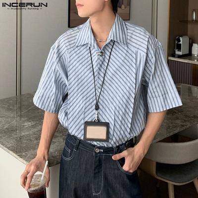 Oversized Men Lapel Neck Short Sleeve Striped Print Pleating Shirts Tops