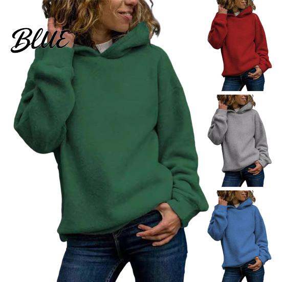 Thick Hoodie Fall Winter Women Pure Color Loose Long Sleeves Elastic Relaxed Fit Pullover Cuff Warm Sport Top Casual Style Street Wear Autumn