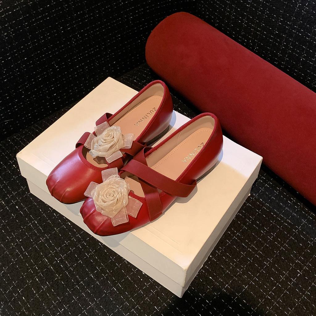 Height-increasing camellia French light-mouth ballet single shoes women's versatile round head soft sole silver Mary Jane shoes