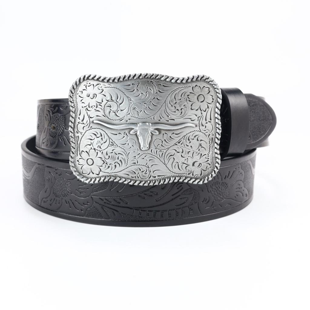 Western Denim Belt Engraved Large Plate Buckle Retro Silver Green Men'S Punk Pu Leather Fried Street Belt