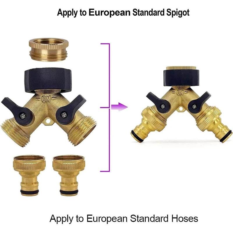 Brass Hose Distributor - 1/2" and 3/4" Faucet Y-Type Distributor with On/Off Valve, 2-Way Connector for Home Garden Outdoor