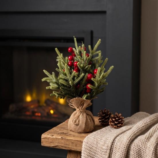 Desktop Holiday Decoration Miniature Christmas Tree with Red Berries, Artificial Mini Pine Burlap for Office Base, Tabletop Faux Small Potted