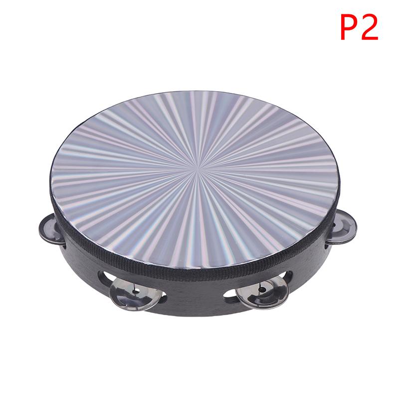 6/8/10 Inch Wooden Radiant Tambourine Handbell Hand Drum With Row Jingles Reflective Drum Head Musical Percussion Instrument