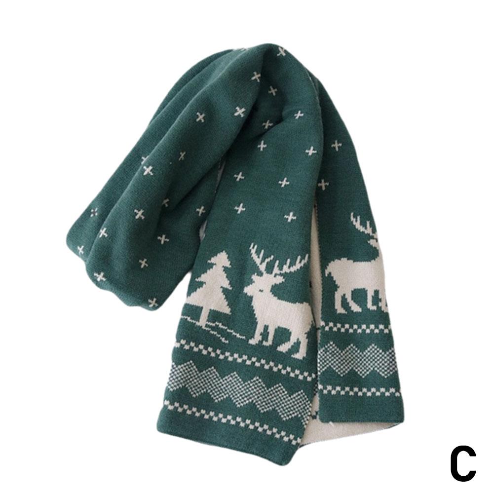 

Рождественский женский мужской шарф двухсторонний олень лось подростковая шаль вязаный взрослый зимний новый Sc F7M1 Green-One size