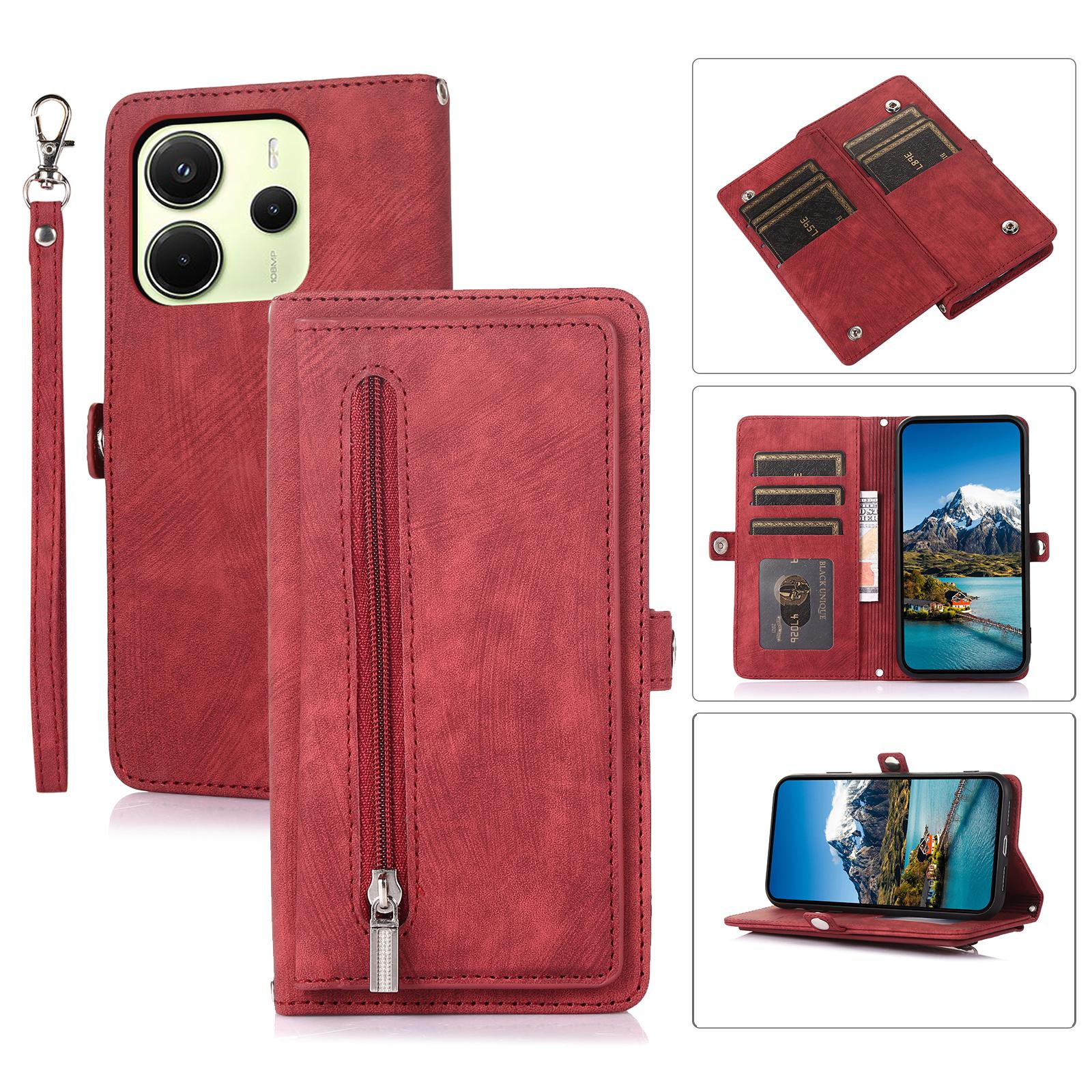 

For Xiaomi Redmi Note 14 4G (164.84mm) Case Zipper Pocket 9 Card Slots PU Leather Phone Cover with Wrist Strap Red