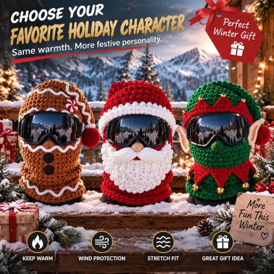 Warm Christmas Face Masque 3D Knitted Ski Masque, Funny Santa Claus Elf Gingerbread Balaclava, Unique Gift for Skiers Winter Full Cold