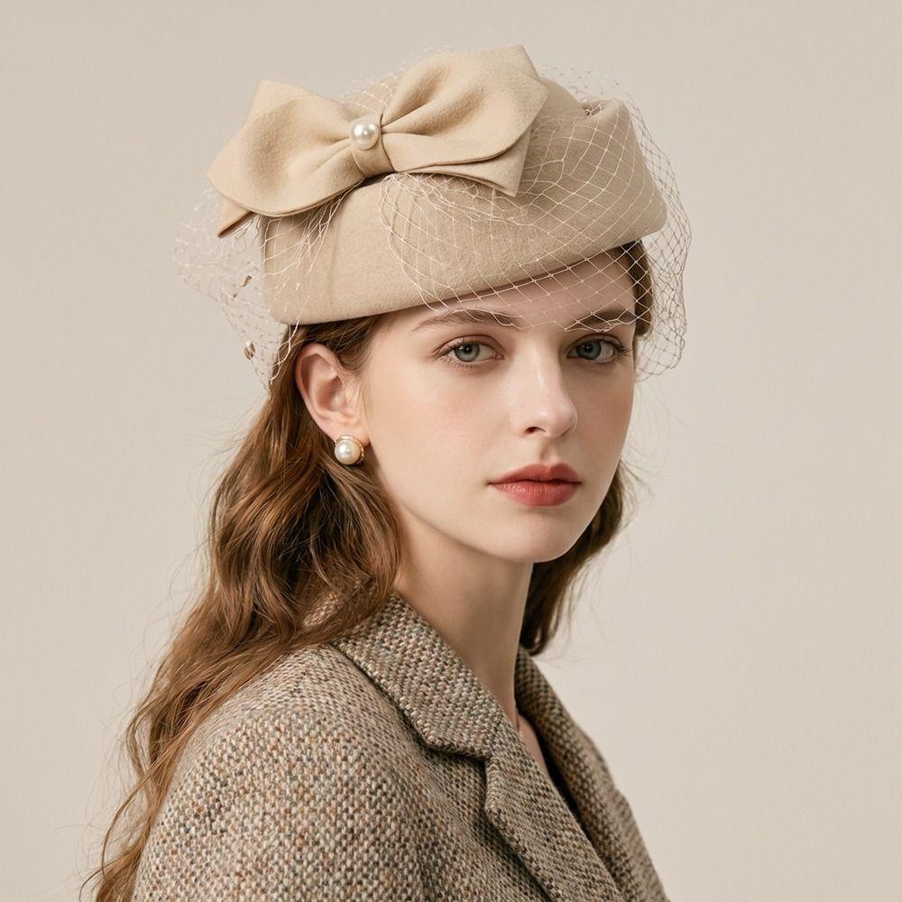 Elegant Bow Fedora Hat French Style Woolen Beret Airline Stewardess Caps Fashion Show