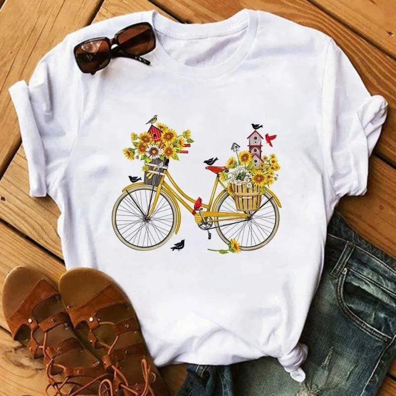 Bicycle Flower Print Tshirt Short Sleeve Round Neck Womens Dress Tops Graphic T Shirts Aesthetic Aesthetic Clothes Kawaii