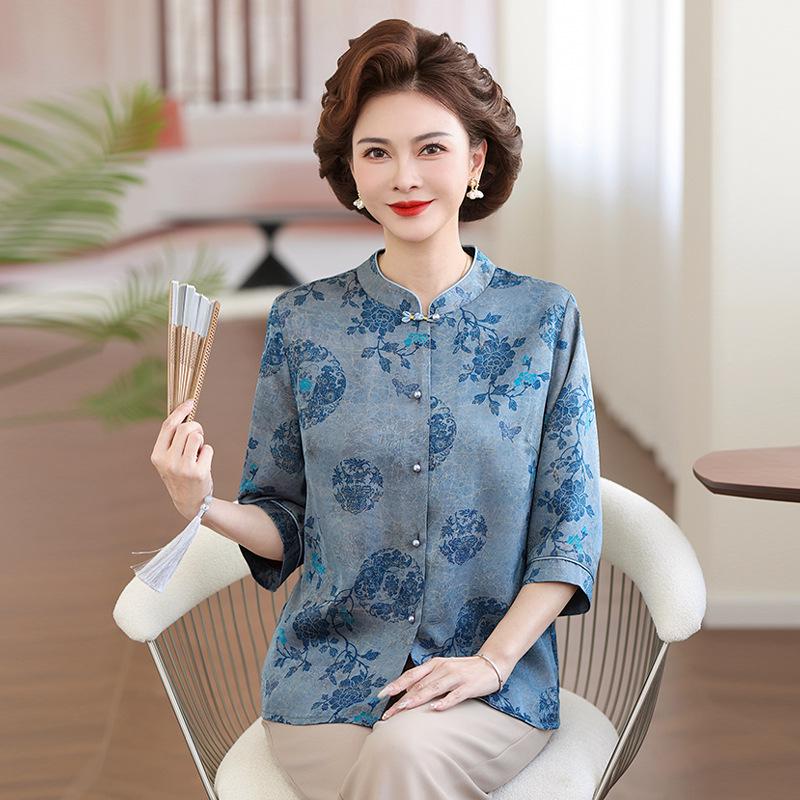 

Elegant Floral Stand Collar Shirt - Summer Seven-Sleeve Top for Women, Perfect for Middle-Aged & Elderly Mothers L (for 80-100 jin) синий