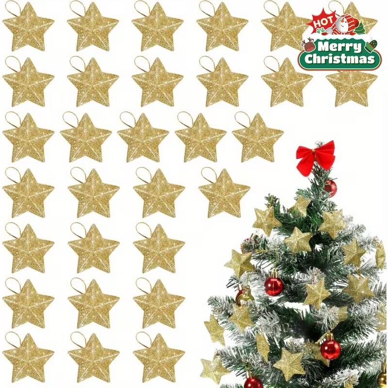 12/24pcs Gold Glitter Star Ornaments Xmas Tree Hanging Pendant 2026 Christmas Decorations for Home New Year Party DIY Gifts