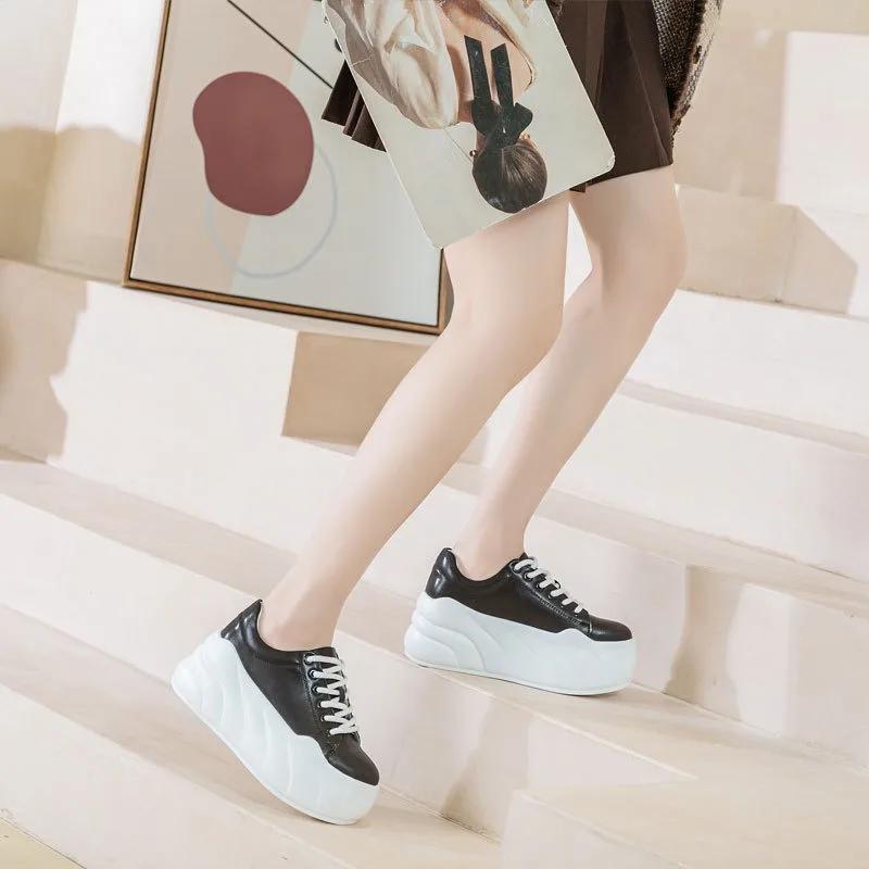 Fashion 8cm Spring Genuine Leather Platform Wedge Chunky Sneakers Platform Women Shoes Zapatos De Mujer Autumn Vulcanize Shoes Fashion