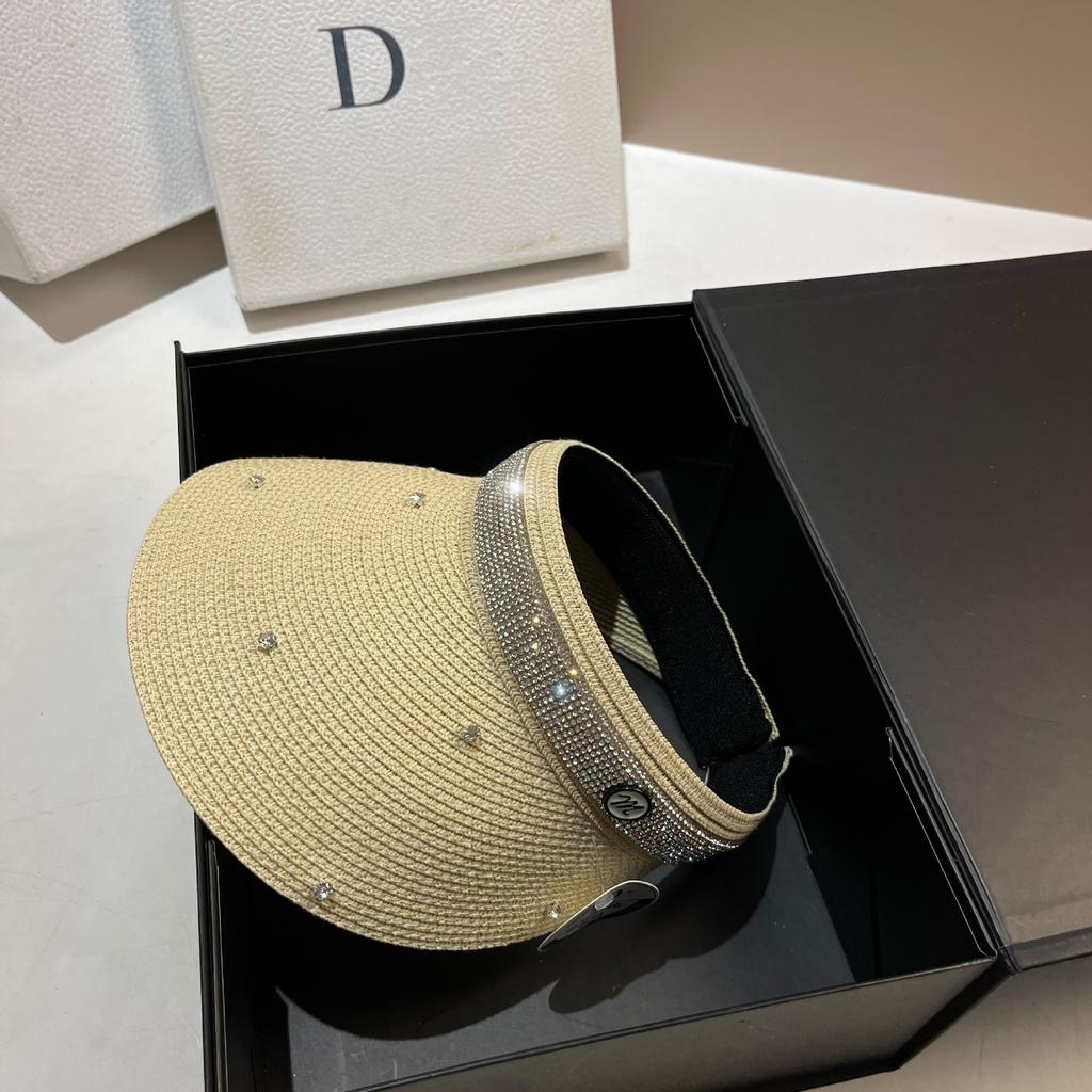 Summer Very Fine Straw Weave Sun Hat French Light Luxury Rhinestone Sunscreen Headband Type Empty Top Hat Outdoor Travel Sun Hat