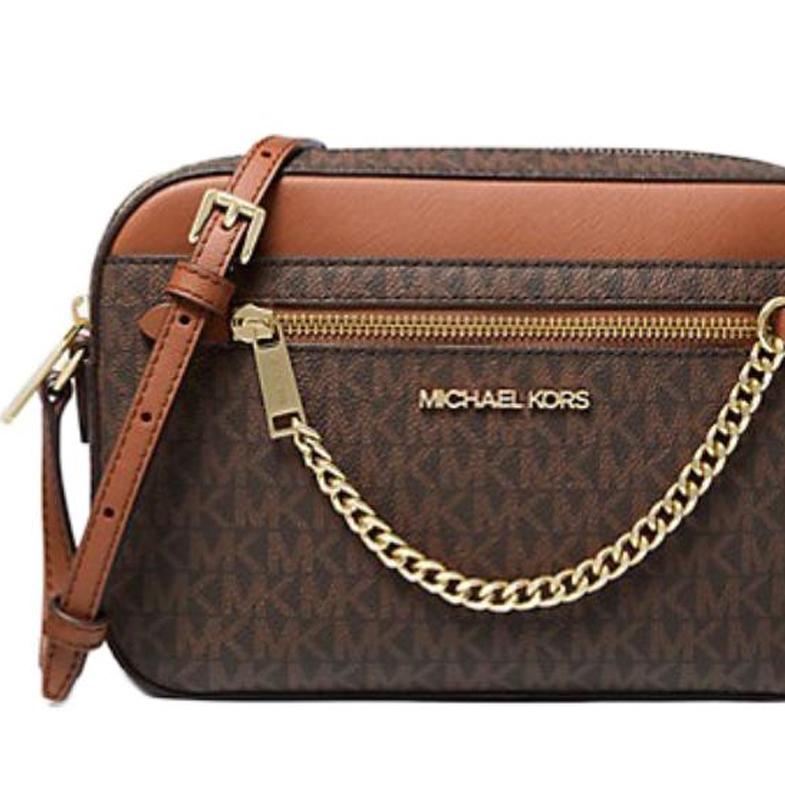 Michael Kors Mk Jet Set Monogram Logo Chain PVC Leather Camera Bag Women Shoulder Bag Caramel Acorn 35S1GTTC9B-BROWN