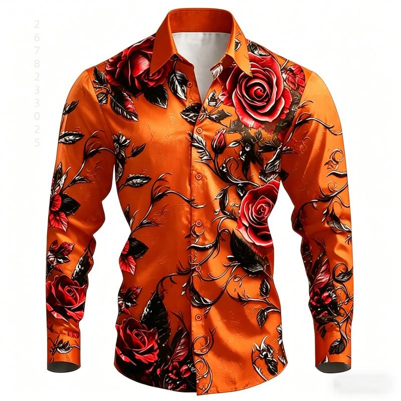 2026 New Men's Shirt with Black Background and Red Rose Print, Slim Fit and No Iron Business Casual Shirt, Versatile Top