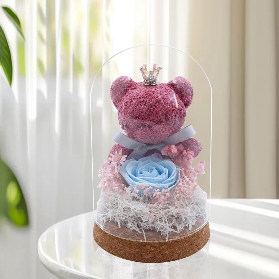 

13x7.5cm Moss Bear Eternal Rose Glass Cover Gift Fresh Preserved Roses Mother s Day Valentine s Day Creative Gift Home Decor