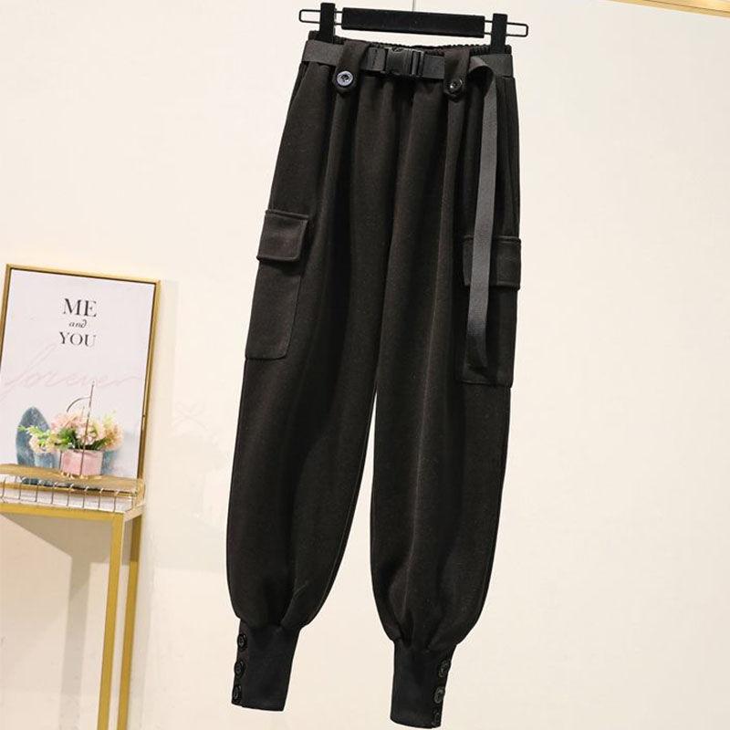 Women Casual Pants Large Size Warm Bundle Feet Pocket Elastic Waist Korean Style Chic Simple Harem Pants
