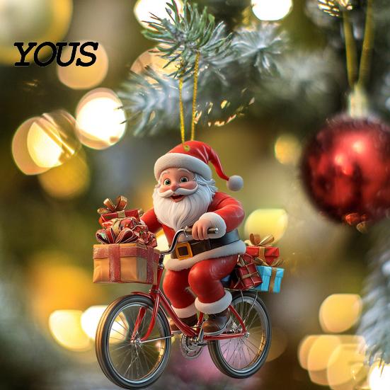 Small Festive Gift for Family 2Pcs Christmas Santa Riding Bicycle Acrylic Hanging Ornament, Car Exquisite Holiday Party Favors Interior Rearview