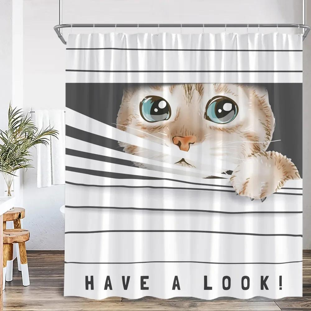 Funny Cat Shower Curtain Cat Riding Shark Dinosaur Flower Floral Polyester Bathtub Curtain Space Planet Bathroom Decor with Hook